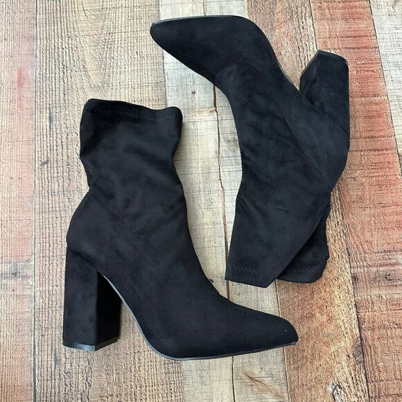 Nasty Gal Black Faux Suede Block Heel Pointed Toe Sock Boots Size 6 - Picture 1 of 12